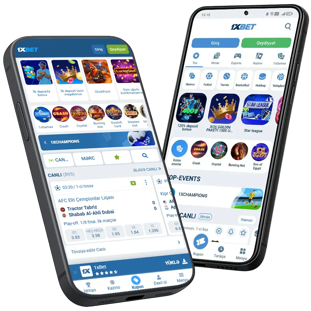 1xBet mobil tətbiqinin Android telefonda interfeys görüntüsü — Azərbaycan versiyası